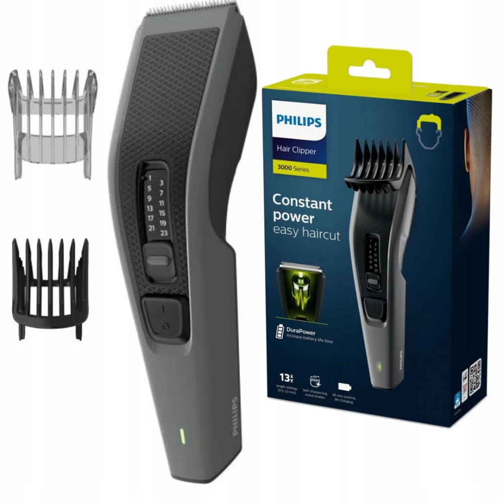 Trymer do włosów Philips z nasadkami i opakowaniem.