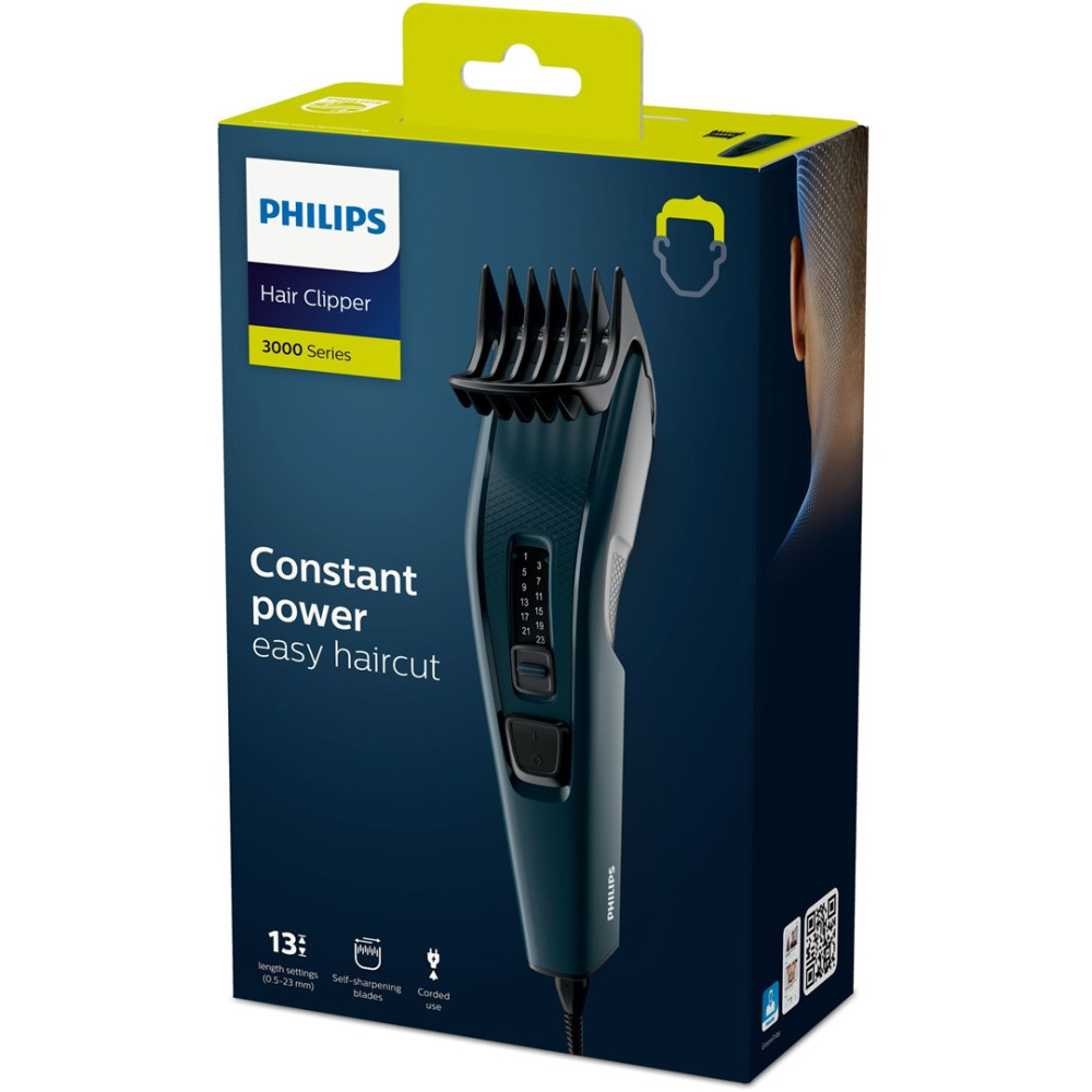 Pudełko maszynki do strzyżenia włosów Philips Serii 3000 z maszynką i funkcjami.