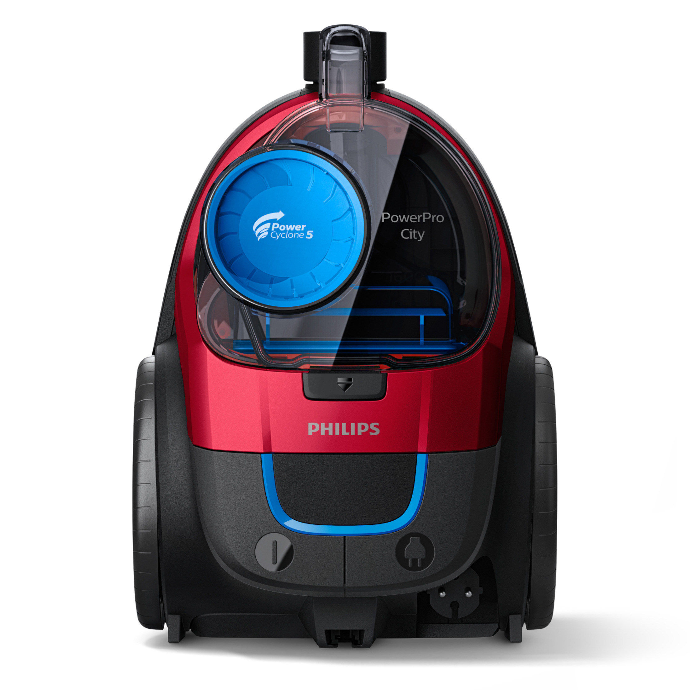 Şeffaf haznesi ve mavi vurguları olan kırmızı Philips elektrikli süp ürge.