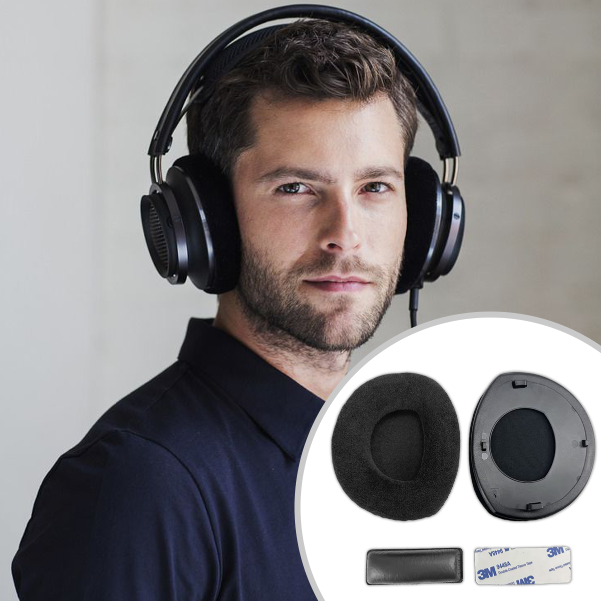 Mężczyzna w słuchawkach, akcesoria poniżej.