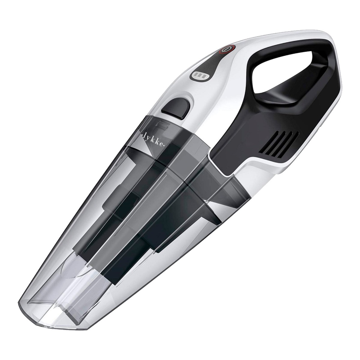 Biały i czarny odkurzacz ręczny z przezroczystym pojemnikiem.