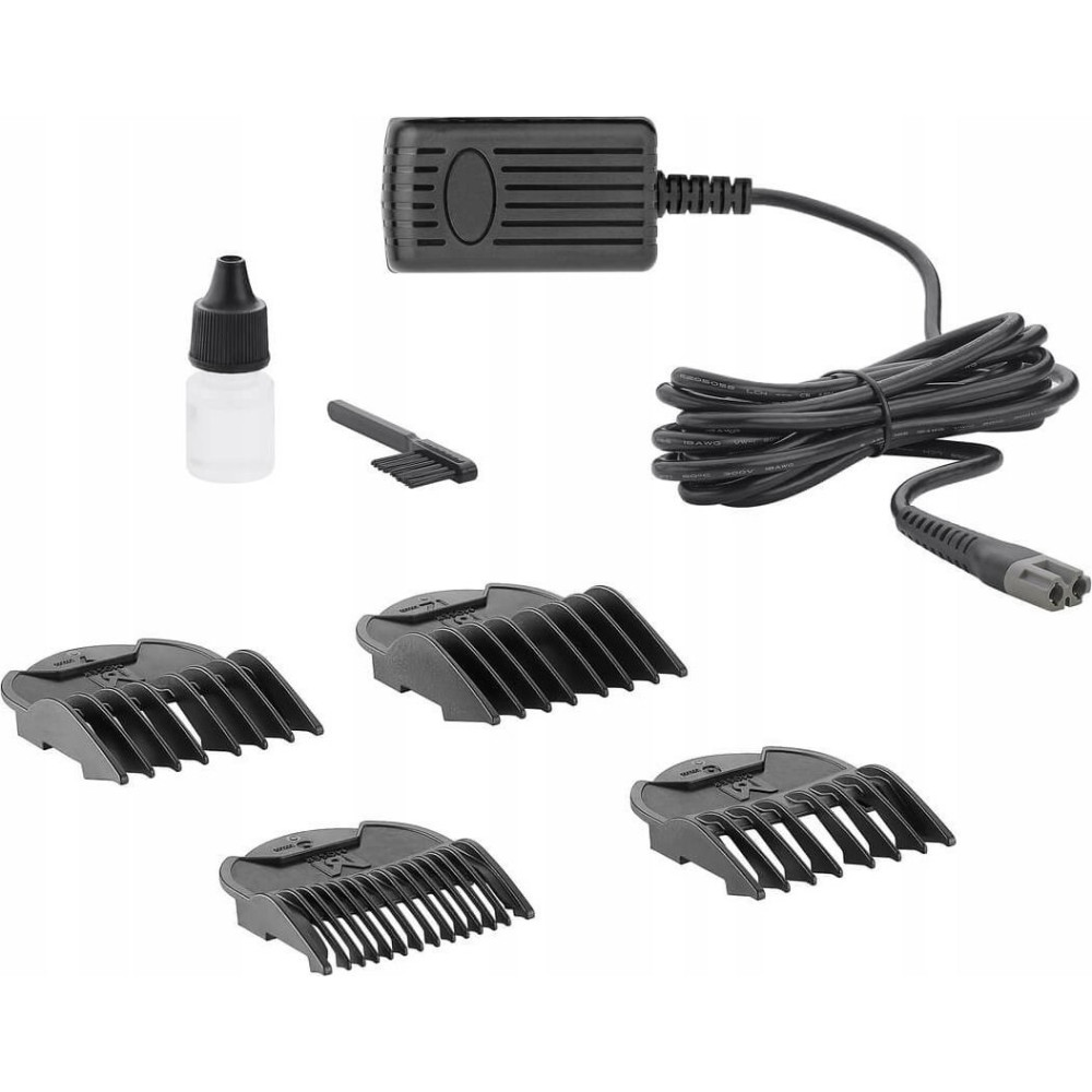 Ładowarka, buteleczka z olejem, szczotka i nasadki do maszynki.