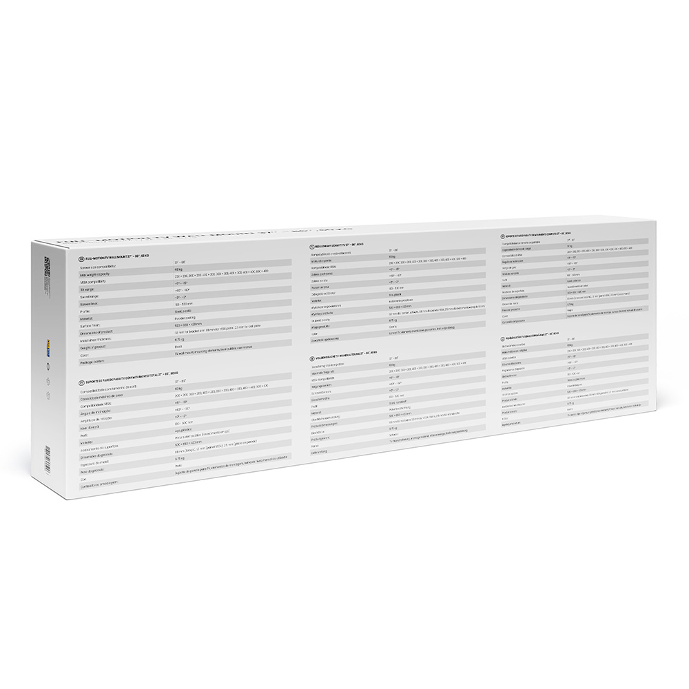 Specyfikacje produktu na białym pudełku w wielu językach.