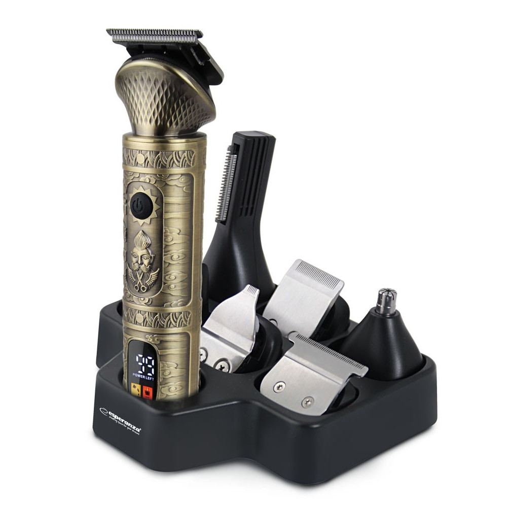 Złota maszynka do strzyżenia włosów z różnymi nasadkami na czarnej stacji ładującej.