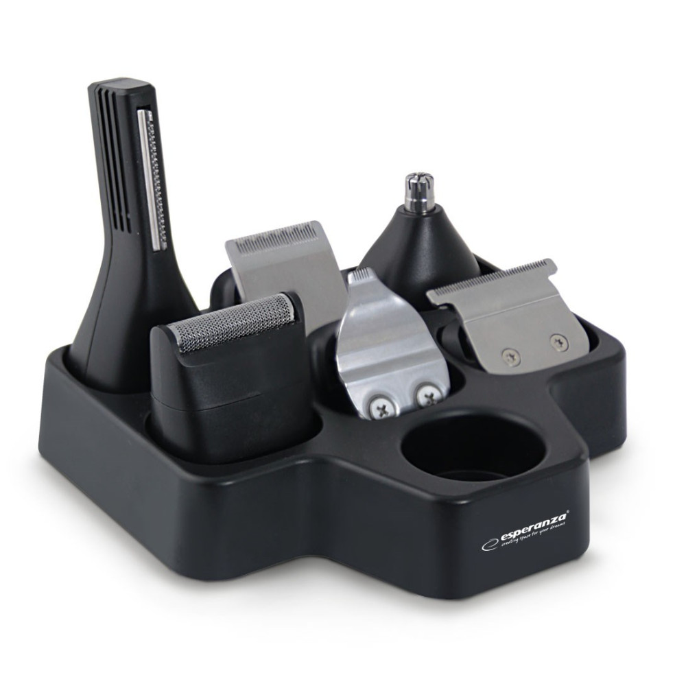 Czarna podstawka ładująca z zestawem trymerów i różnymi nasadkami.