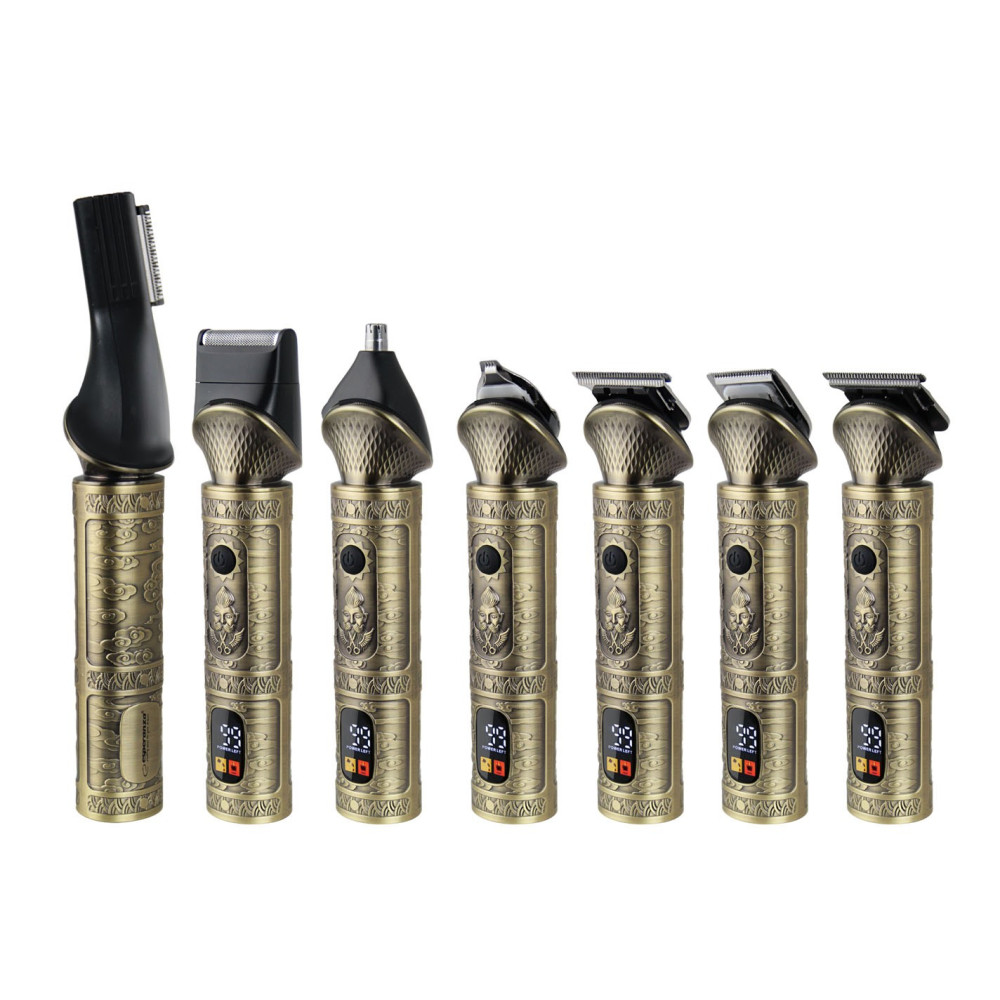 Siedem złotych trymerów w stylu vintage z cyfrowymi wyświetlaczami.