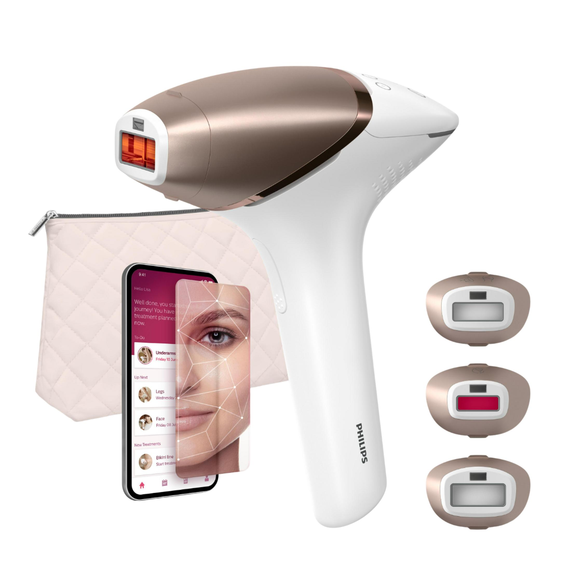 Aksesuar, kese ve akıllı telefon ile IPL tüy alma cihazı.