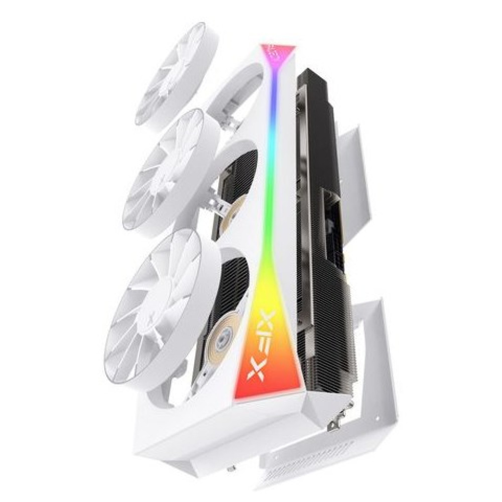 Biała karta graficzna z trzema wentylatorami, oświetleniem RGB i logo XFX.
