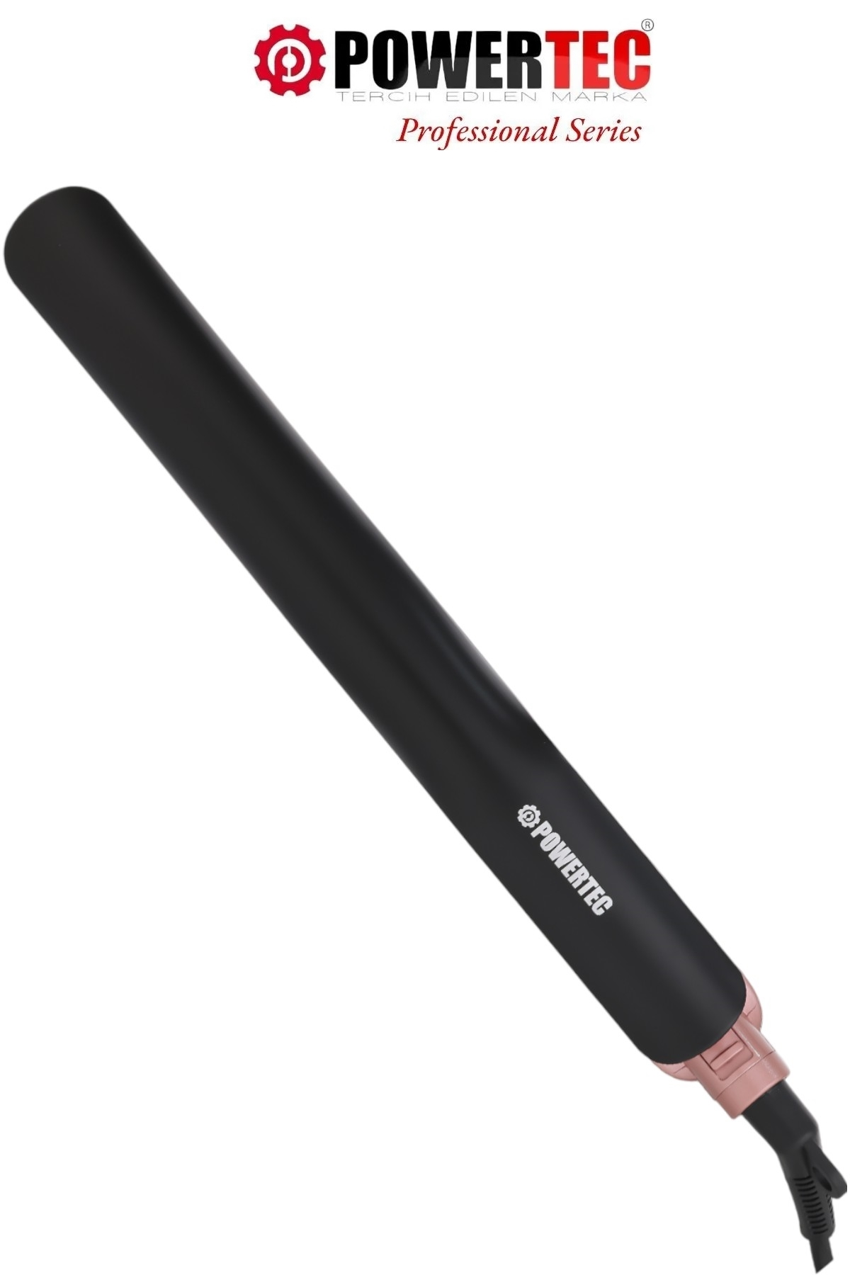 Powertec logolu, pembe altın saplı siyah saç düzleştirici.