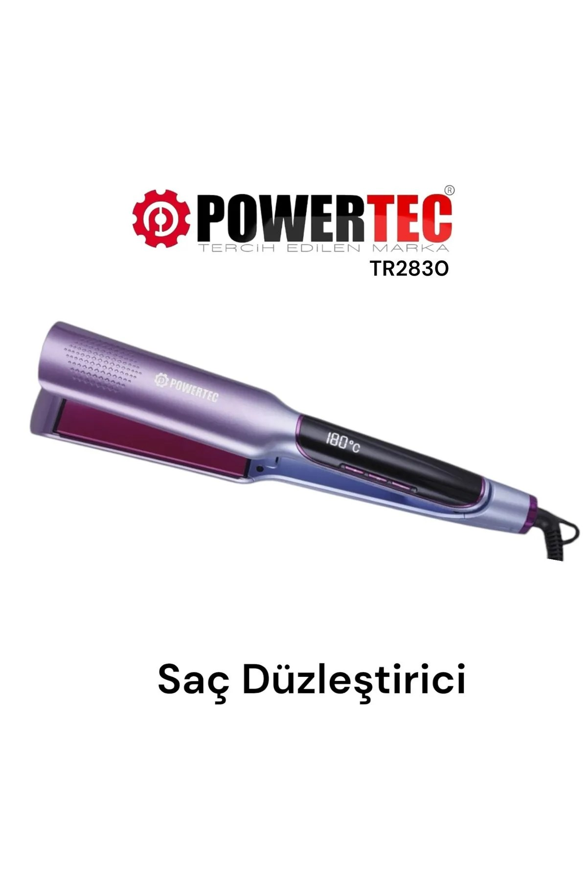 Mor Powertec saç düzleştirici, 180°C göstergeli, beyaz arka plan.
