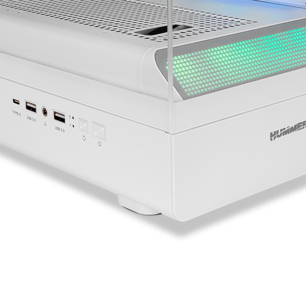 Una caja de PC blanca con puertos e iluminación LED verde.