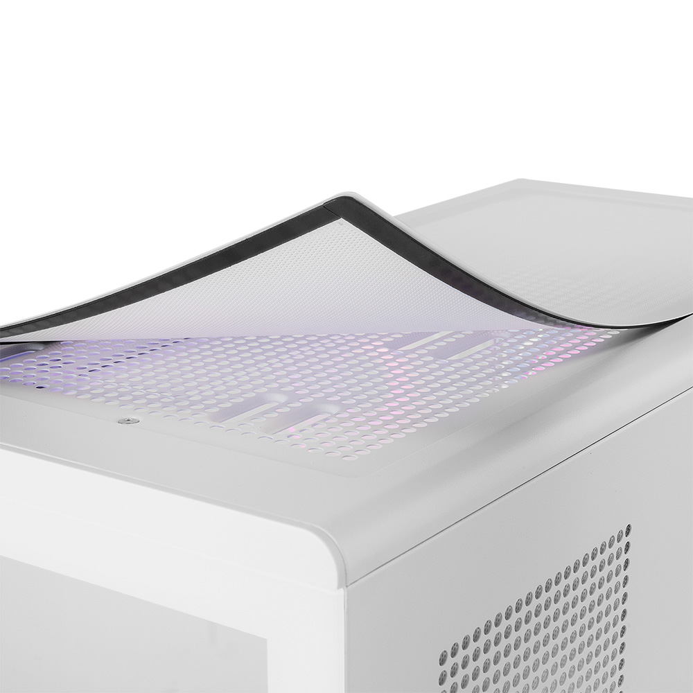 Una caja blanca con cubierta perforada abierta y luz púrpura.