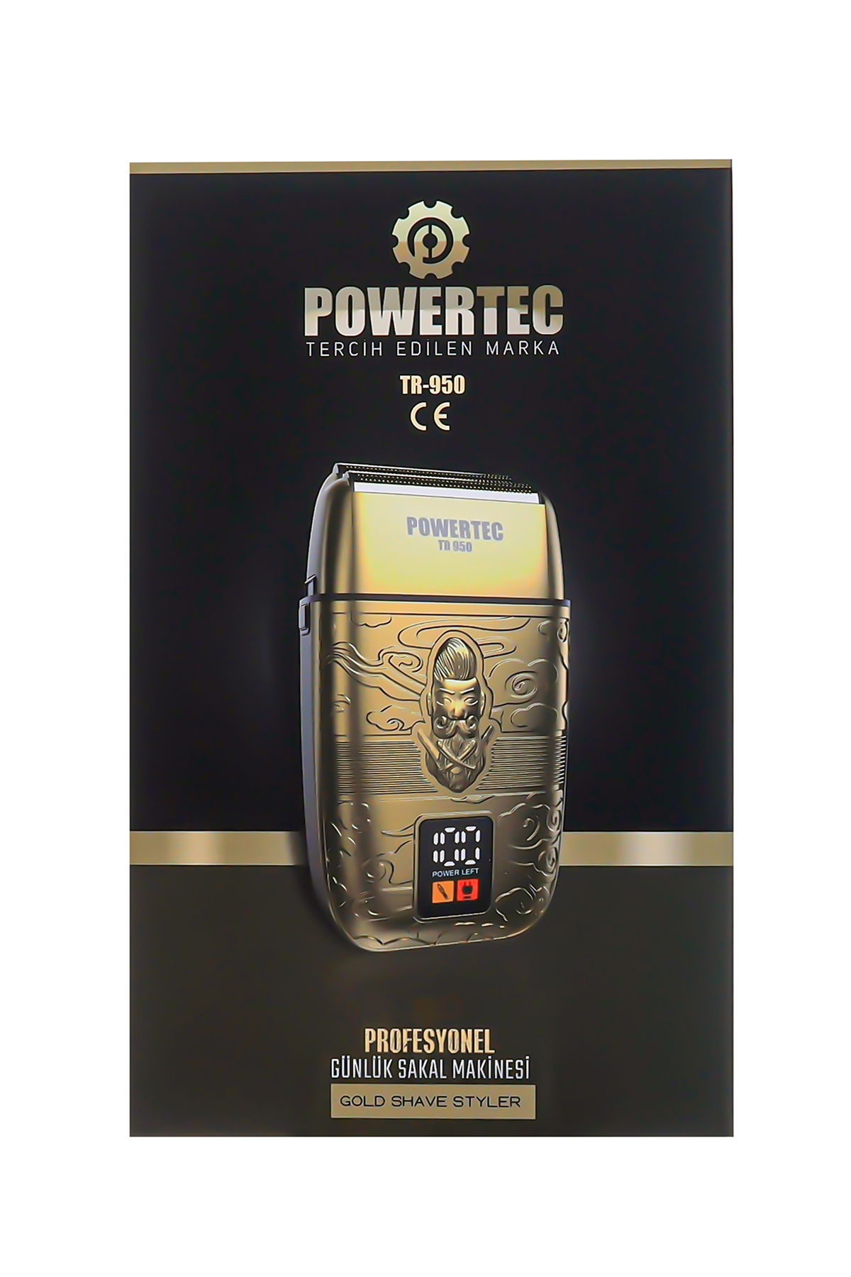 Sakal motifli ve dijital ekranlı altın Powertec tıraş makinesi TR-950.