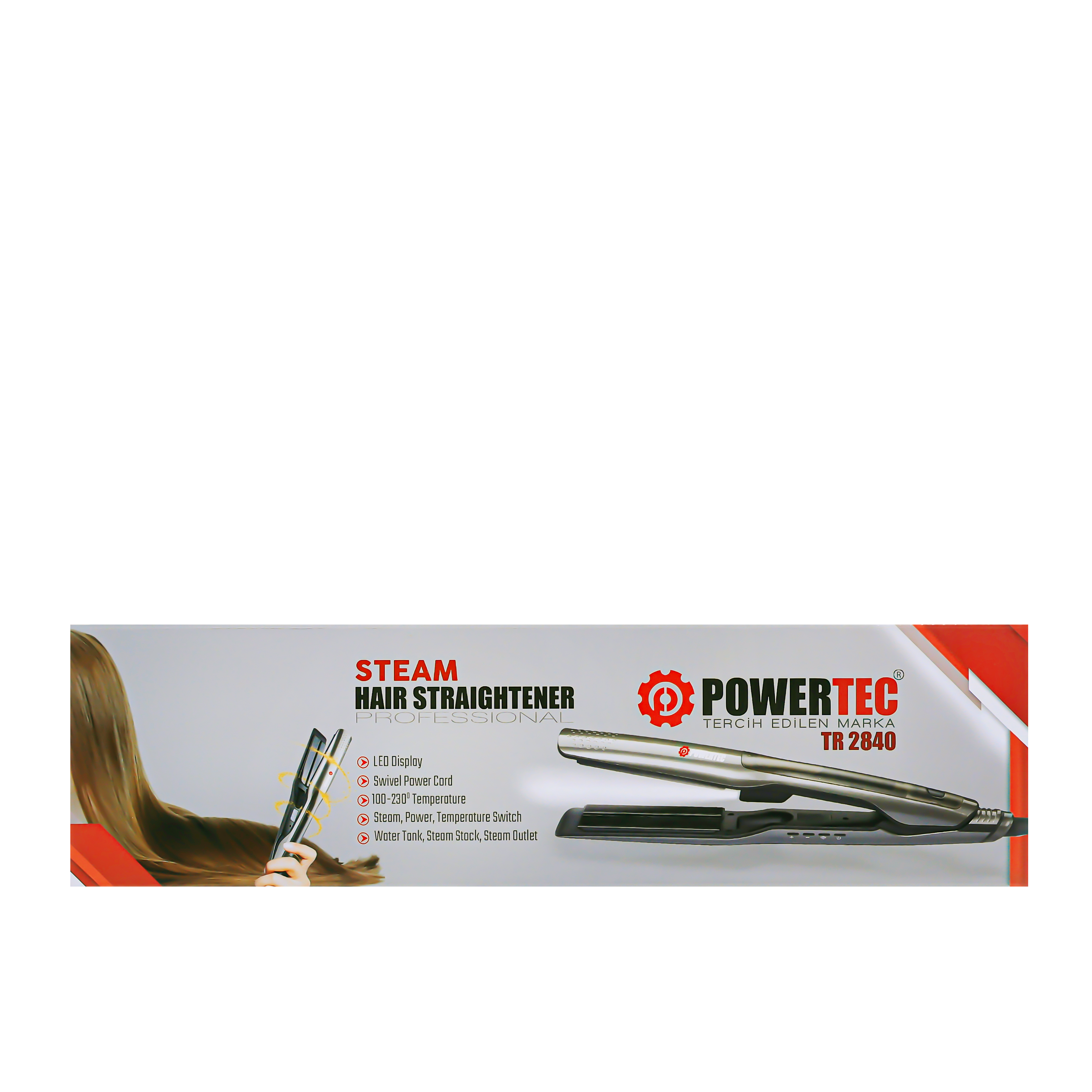 LED ekranlı ve kırmızı logolu gümüş Powertec buharlı düzleştirici.