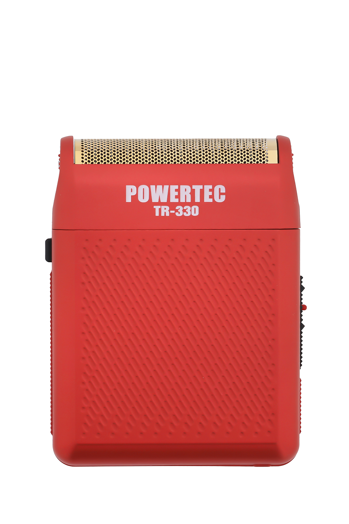 Altın folyo başlıklı kırmızı Powertec TR-330 tıraş makinesi, beyaz arka planda.