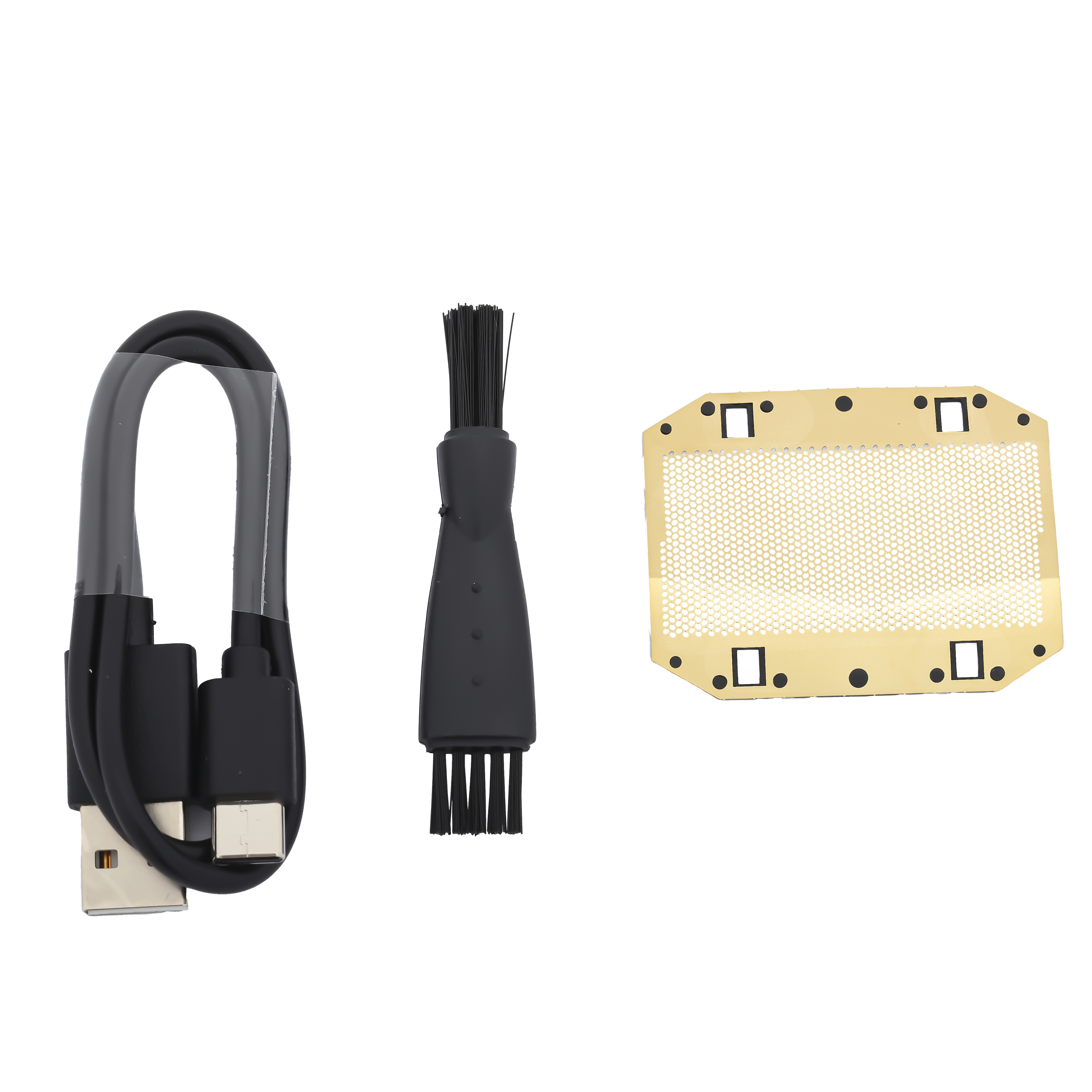 Siyah USB kablosu, fırça ve altın metal filtre.