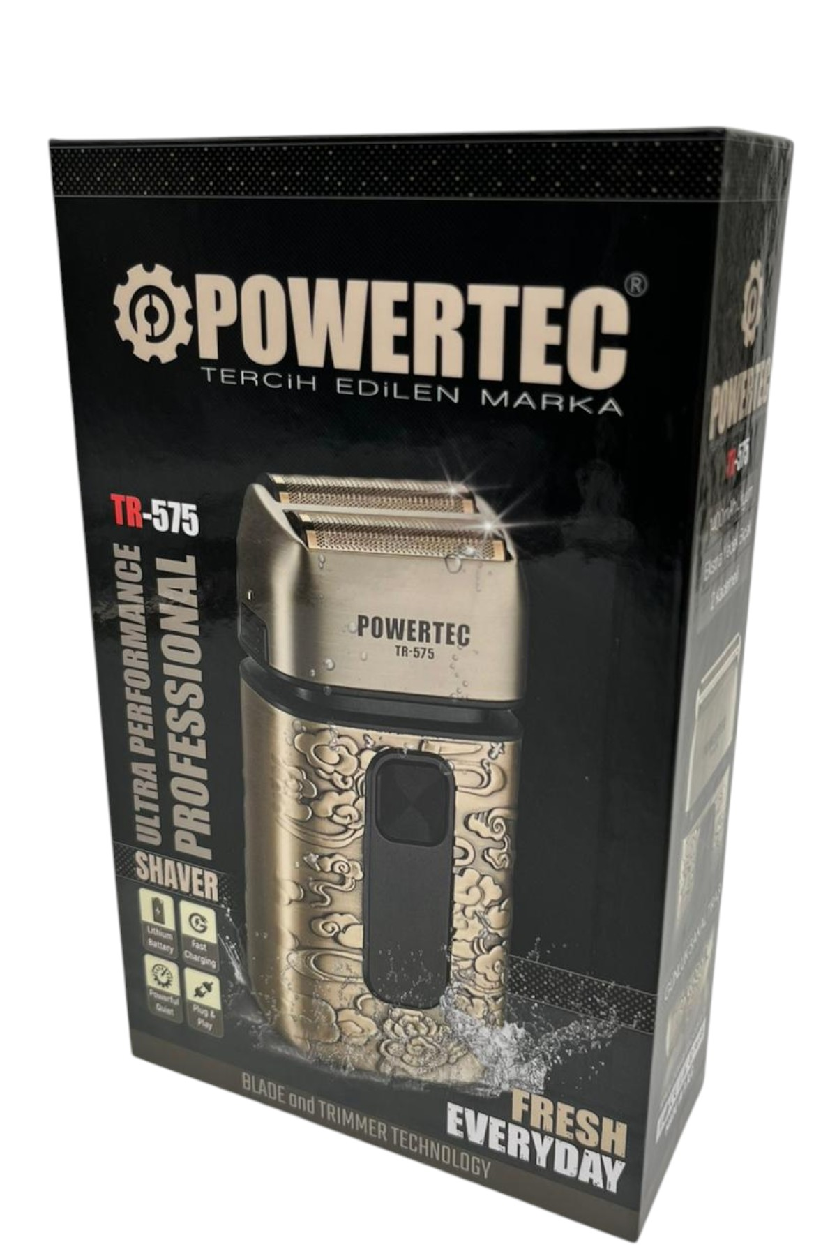 Powertec TR-575 yazılı, desenli gövdeli, altın rengi tıraş makinesi.
