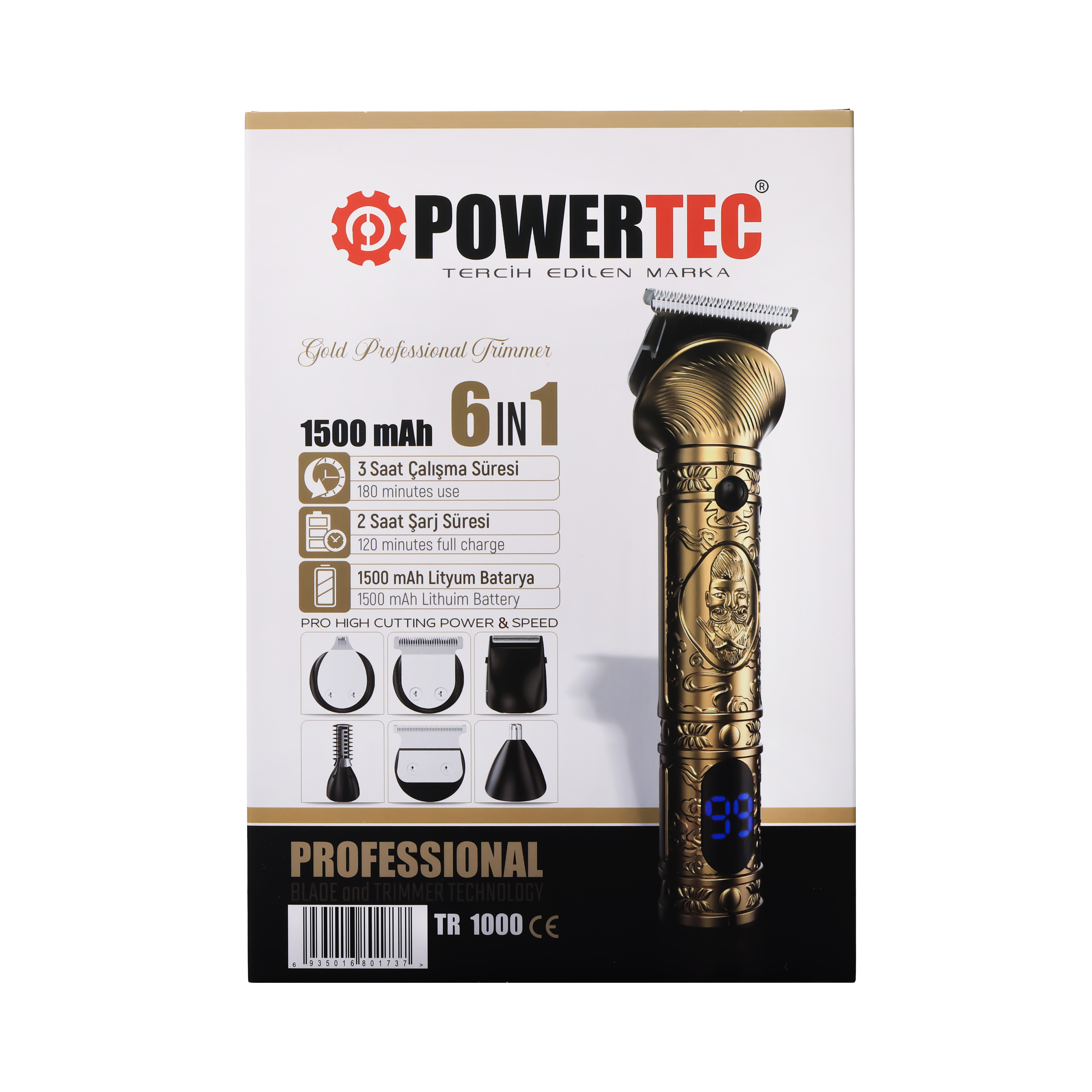 Altın profesyonel tüy kesme makinesi, 6'sı 1 arada, 1500mAh, 180 dk.