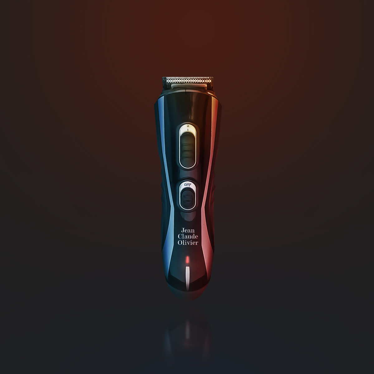 A black electric trimmer with red and blue lighting against a dark background.