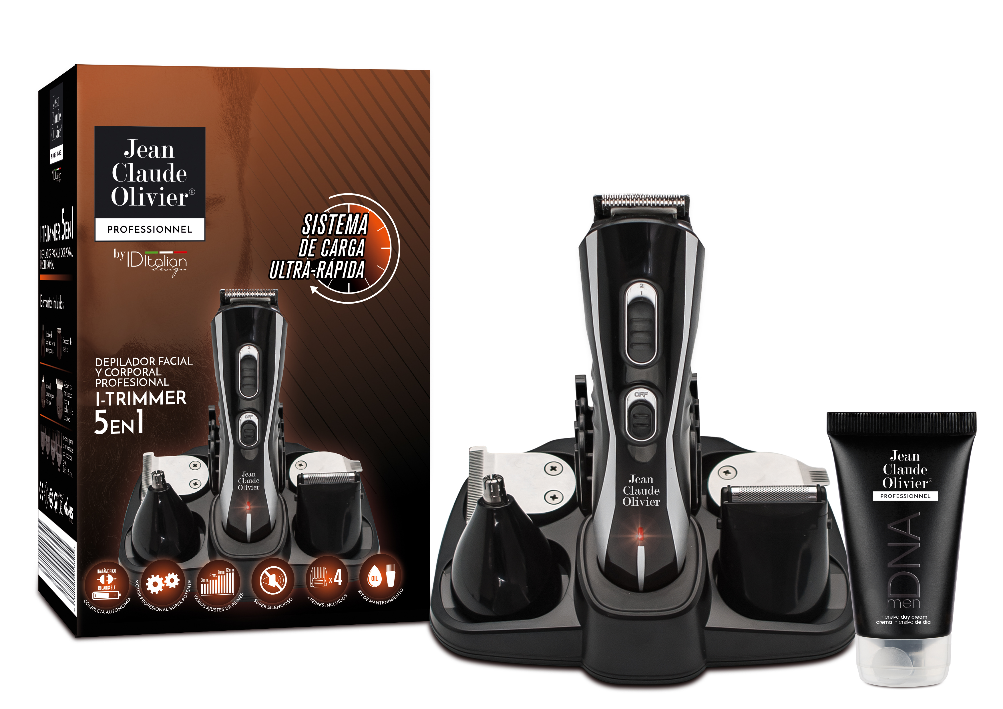 Jean Claude Olivier 5-in-1 trimmer set with charging station and cream.