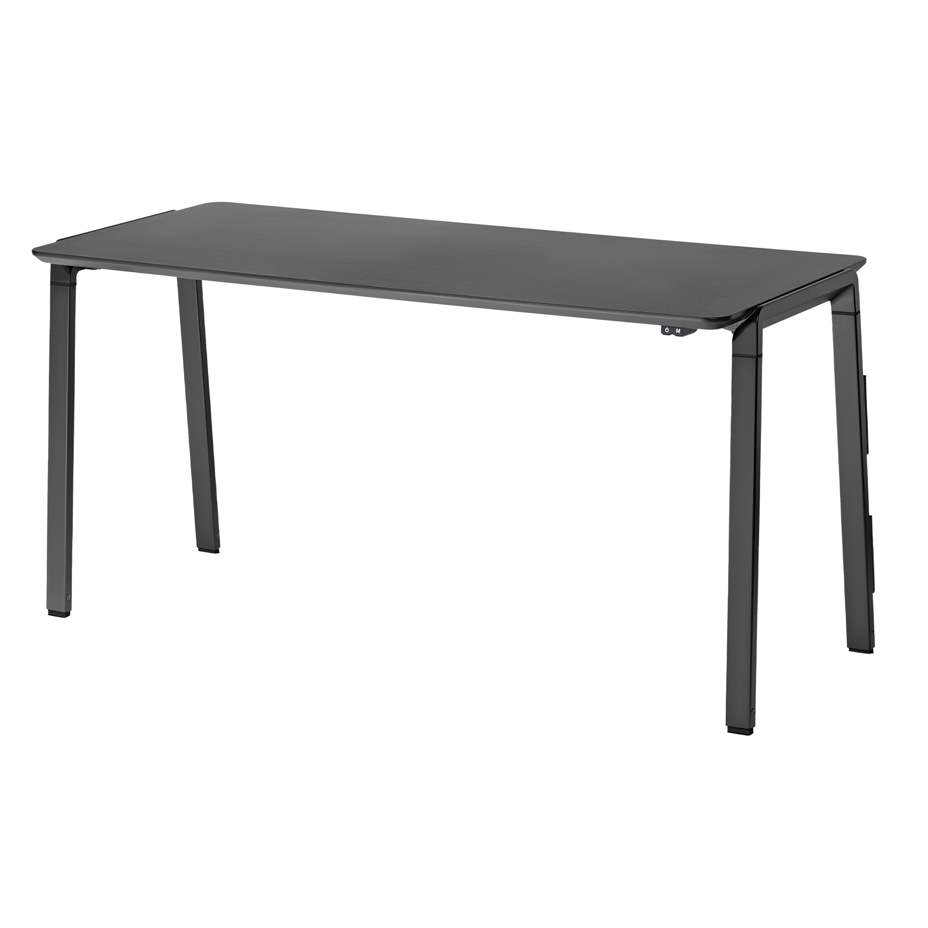 Un escritorio rectangular moderno de metal oscuro con cuatro patas elegantes.