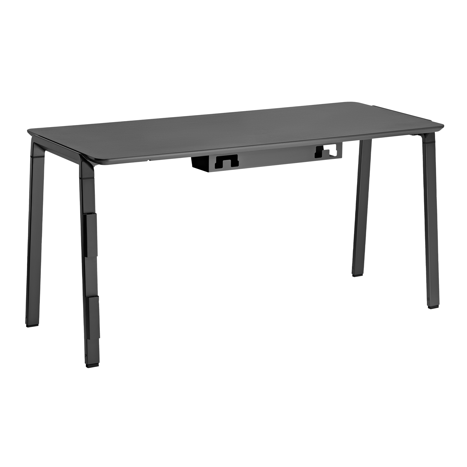 Un escritorio rectangular oscuro con patas delgadas y gestión de cables integrada.