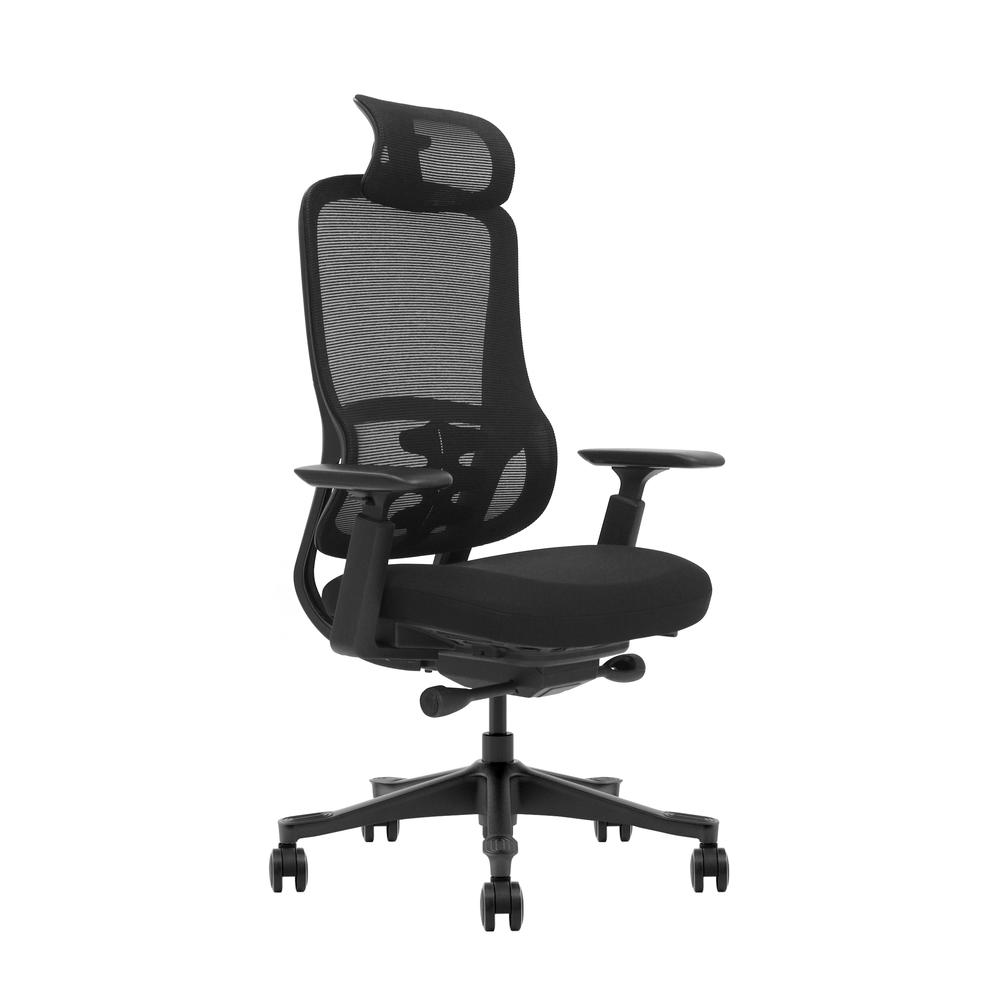 Silla de oficina ergonómica negra con respaldo de malla y reposacabezas.