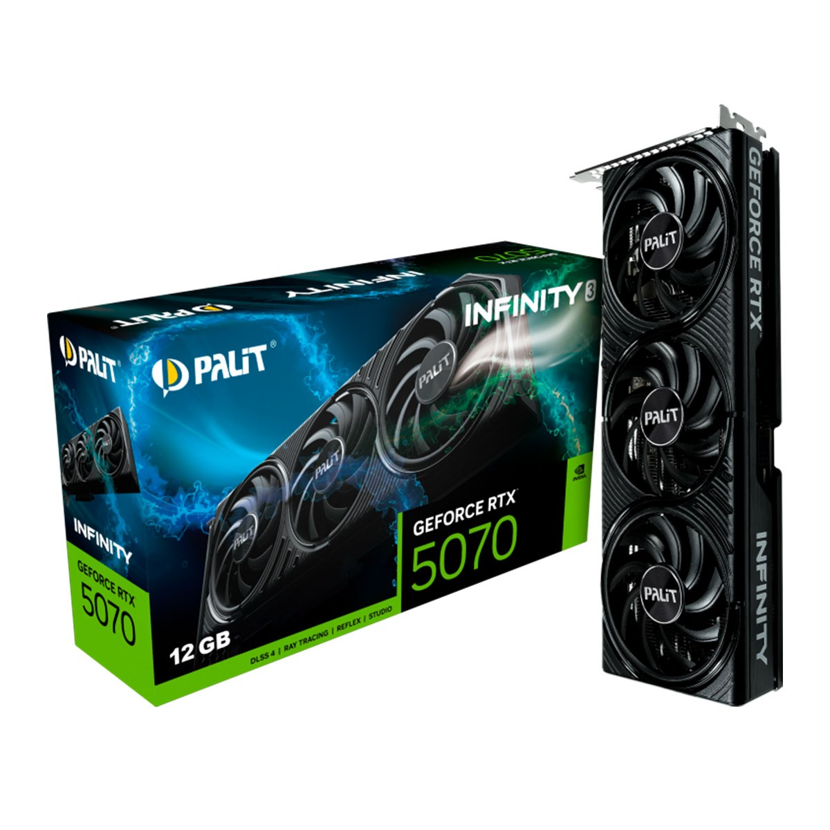 Karta graficzna Palit GeForce RTX 5070 i pudełko z logo Palit.