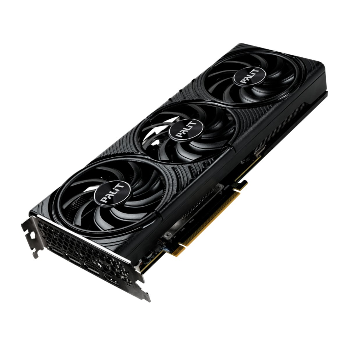 Pokazano czarną kartę graficzną Palit z trzema wentylatorami i srebrnym wspornikiem.
