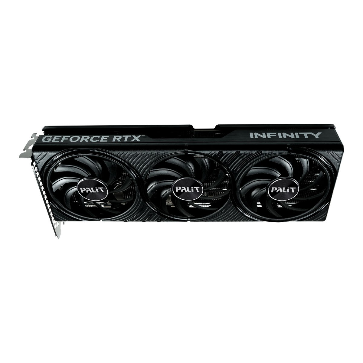 Czarna karta graficzna Palit GeForce RTX Infinity z trzema wentylatorami.