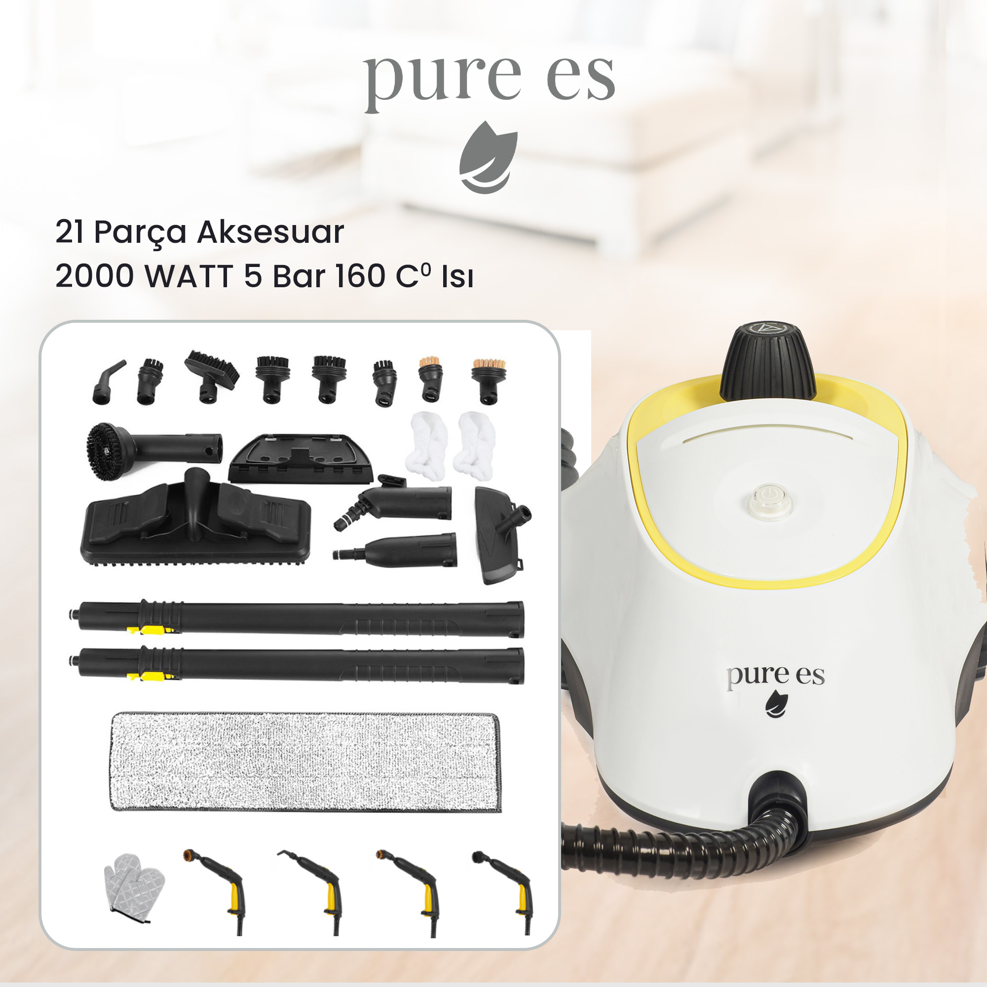 Aksesuarli buharli temizleyici: fırçalar, başlıklar, eldiven, bez. 2000W, 5 Bar.