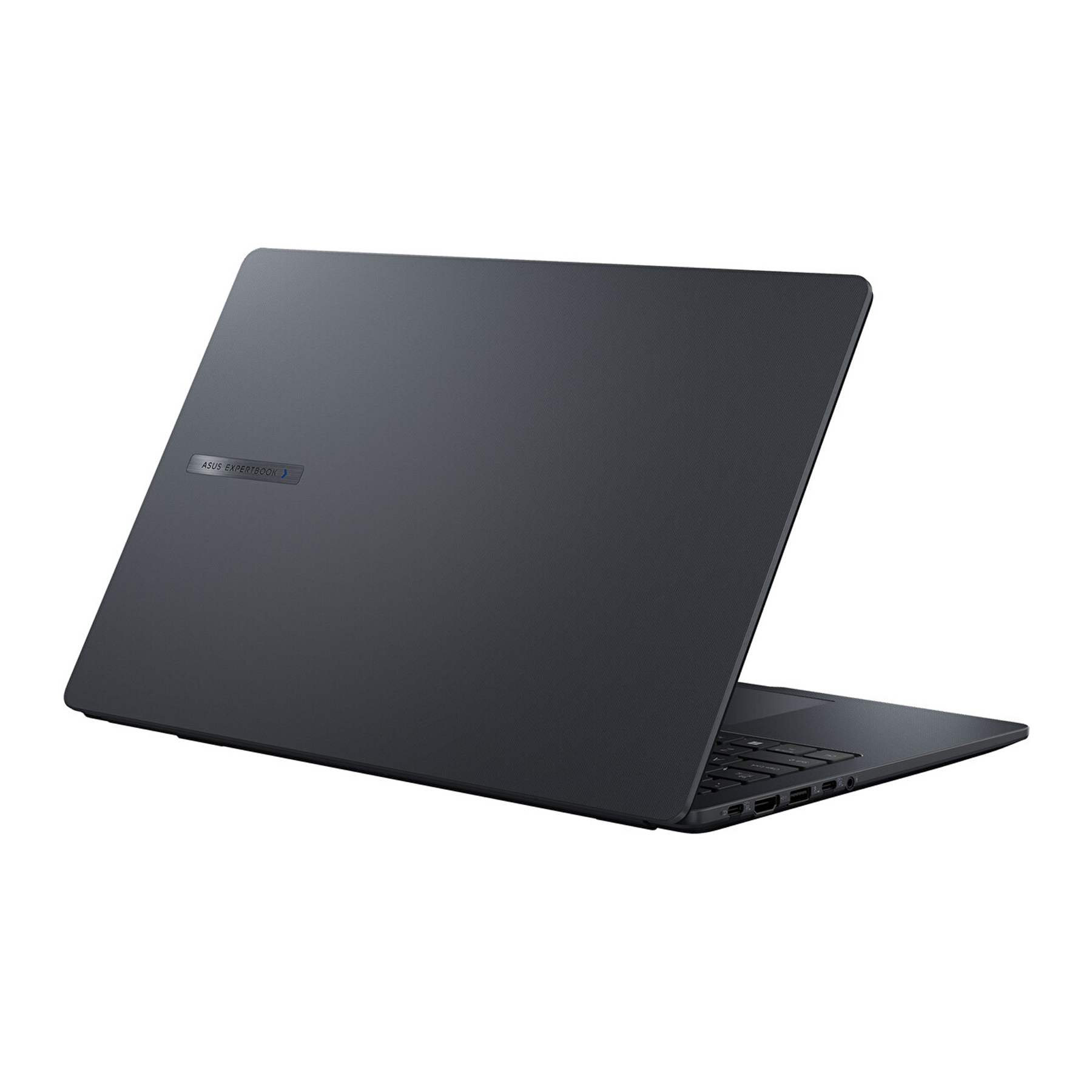 Koyu gri ASUS ExpertBook dizüstü bilgisayar, arkadan görünüm, ekran açık.