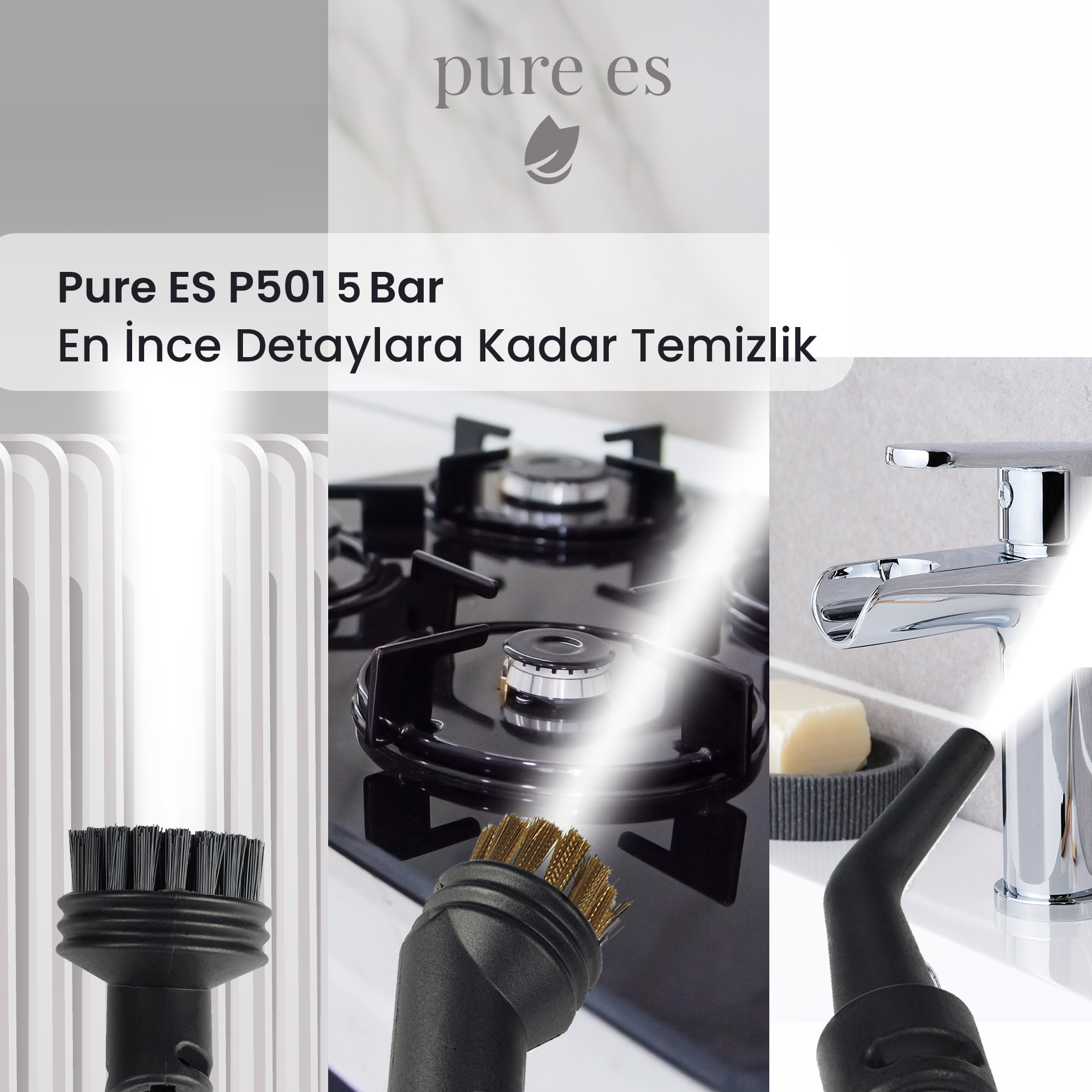 Üç fırça aparatı ocak ve musluk temizler. Pure ES P501.