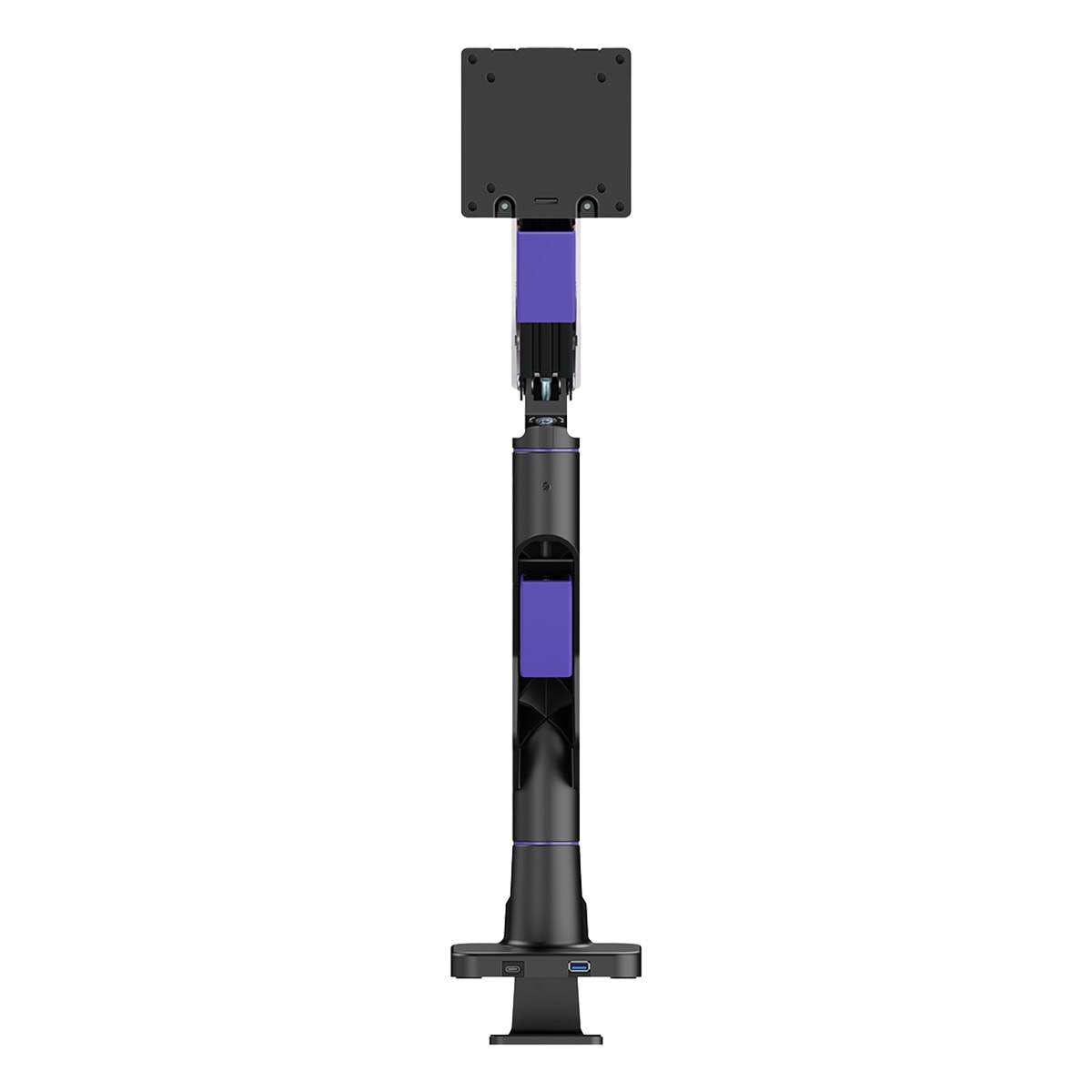 Mor vurgulara ve USB bağlantı noktalarına sahip siyah monitör kolu.