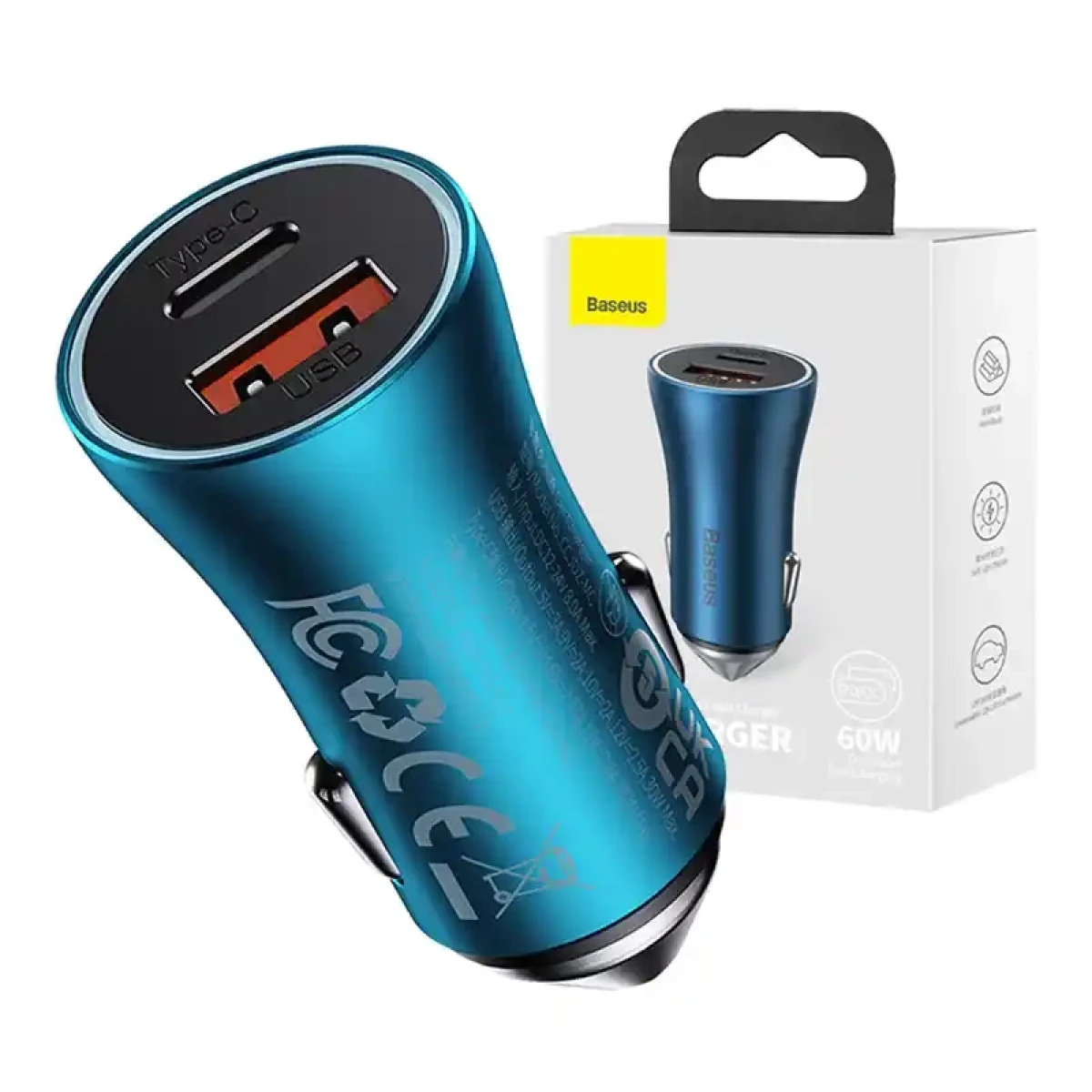 Un caricabatterie per auto Baseus blu con porte USB e Type-C accanto alla confezione.