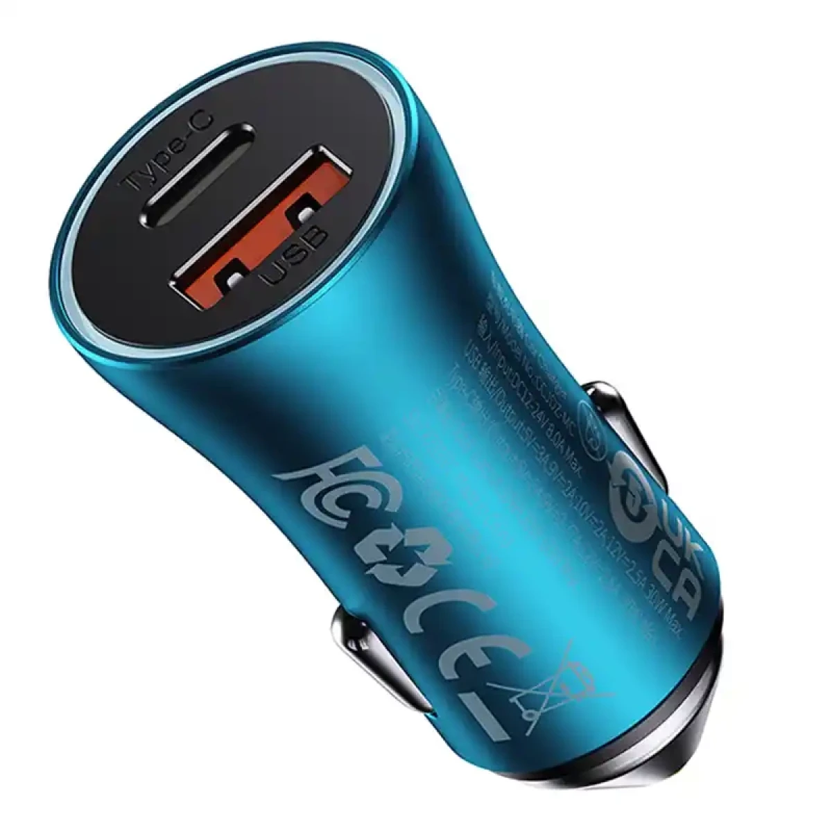 Caricabatterie auto blu USB-C con porte USB-A e USB-C.