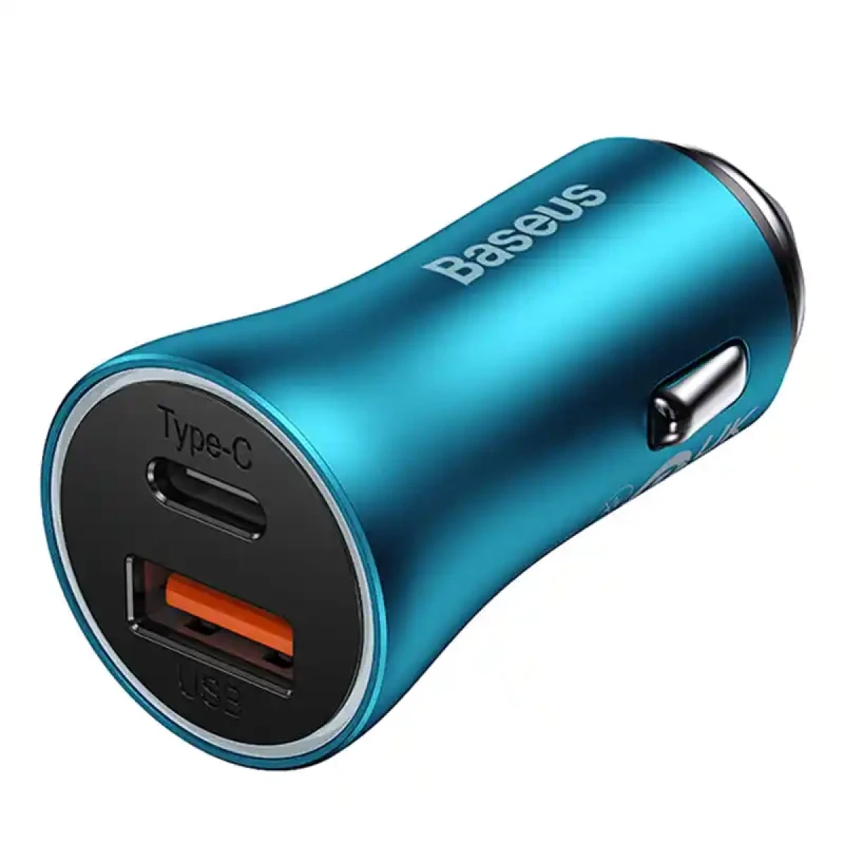Un caricatore per auto Baseus blu con porte USB-C e USB.