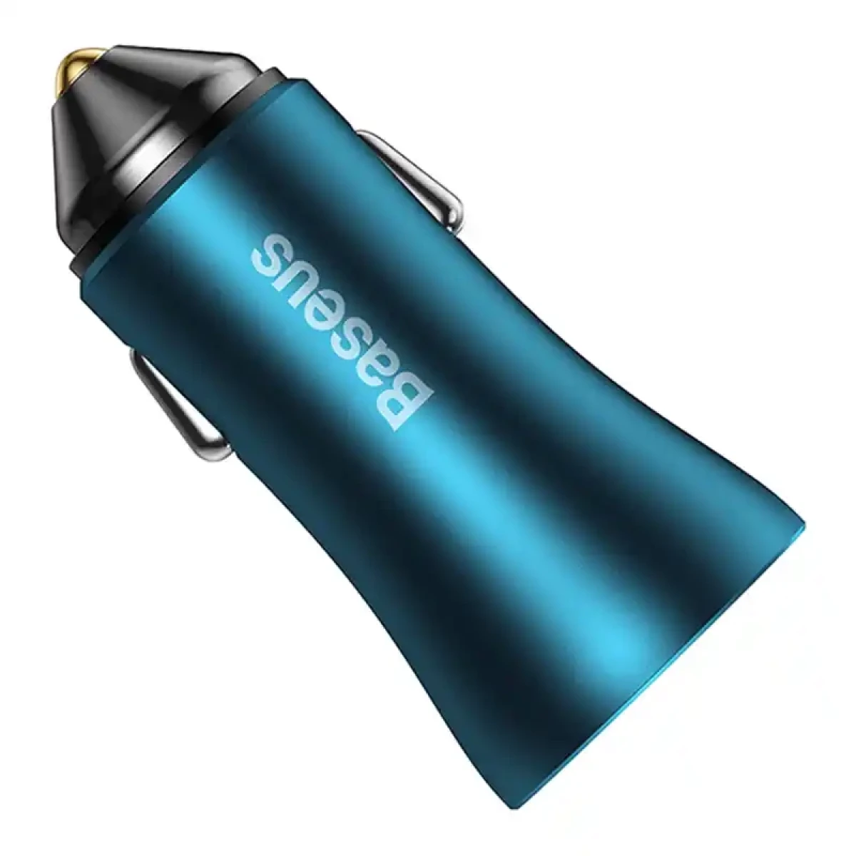Un adattatore per auto Baseus blu con accenti argentati e punta dorata.