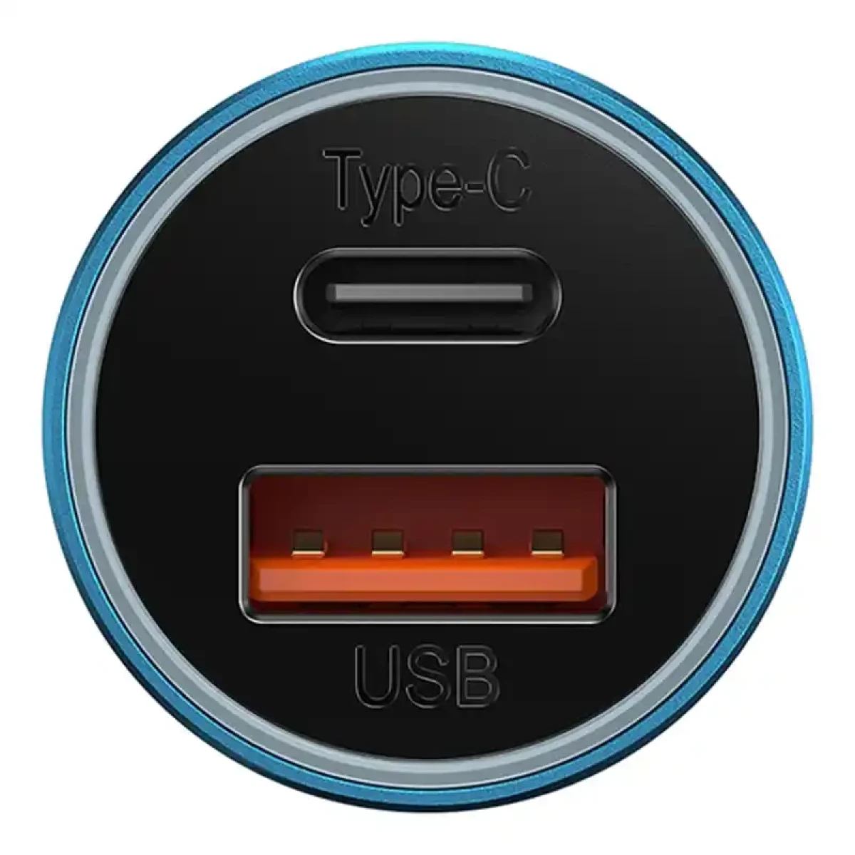 Un adattatore di ricarica blu con porte USB-A e USB-C.