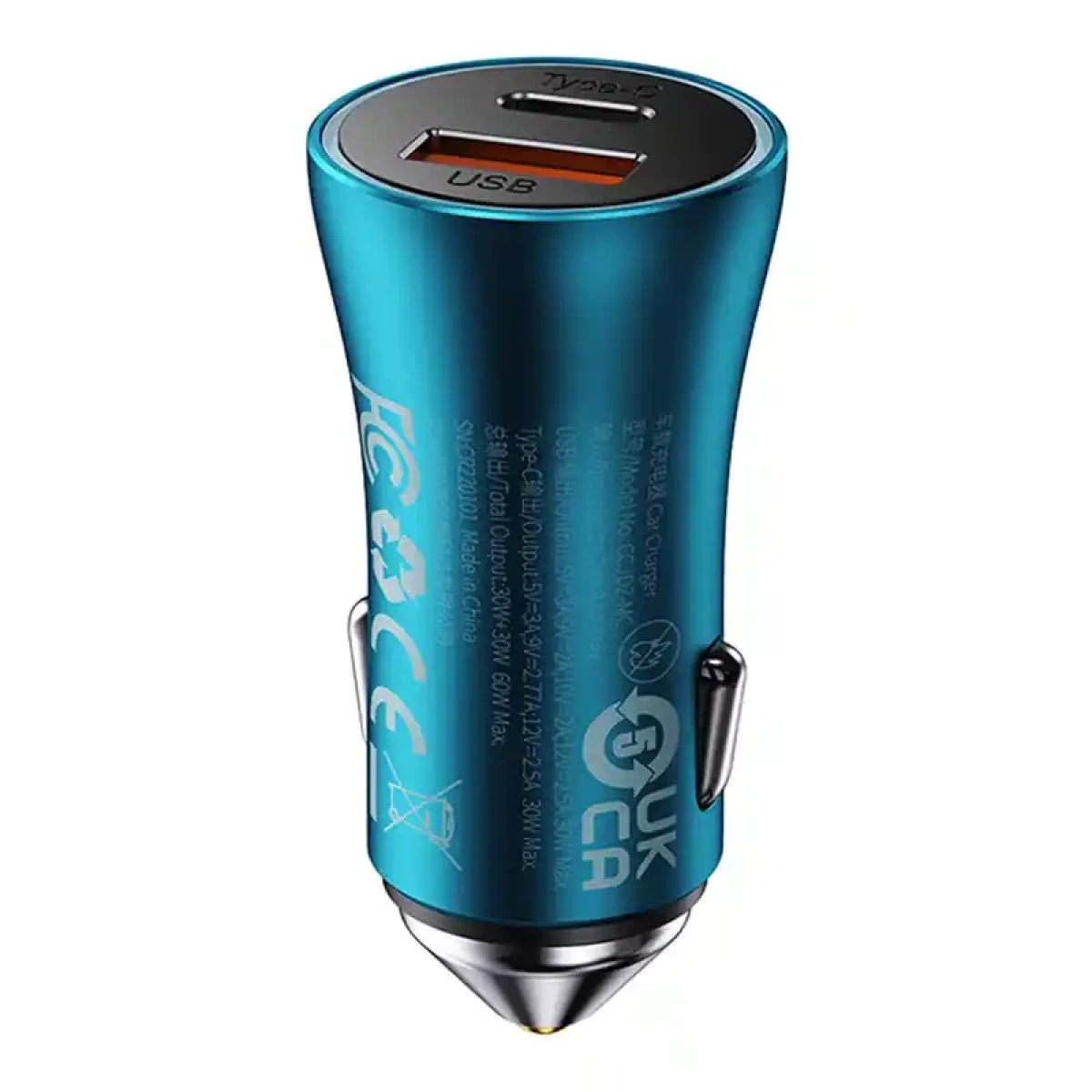Un caricabatterie per auto blu con due porte USB e punta argentata.