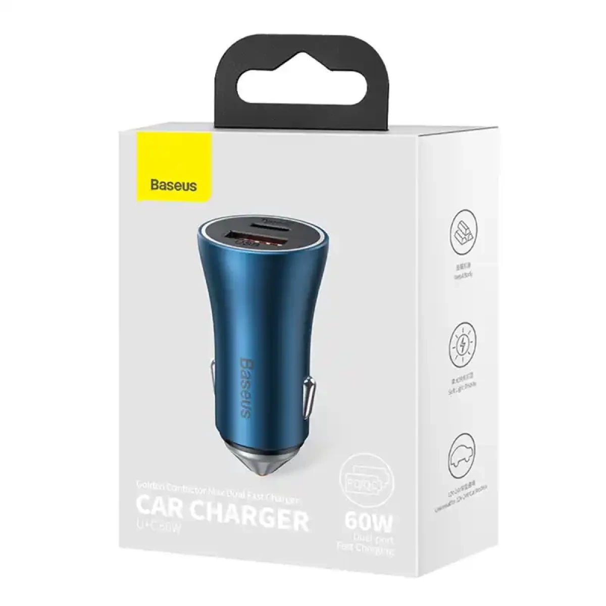 Caricatore auto blu Baseus dual-port da 60W su confezione bianca.
