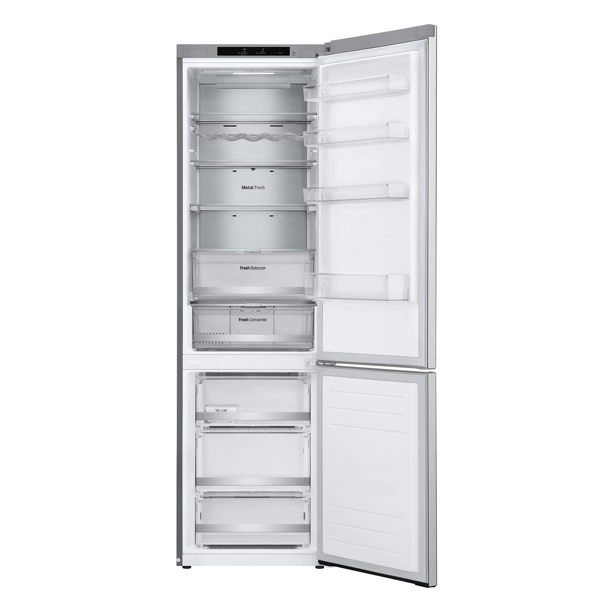 Ein offener Kühlschrank mit mehreren Fächern und Schubladen im Gefrierbereich.