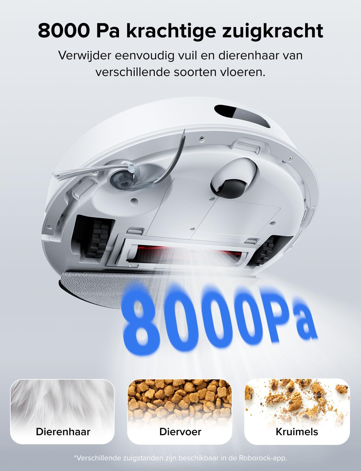 Robotstofzuiger 8000 Pa, toont dierenhaar, voer en kruimels. Verwijdert vuil.