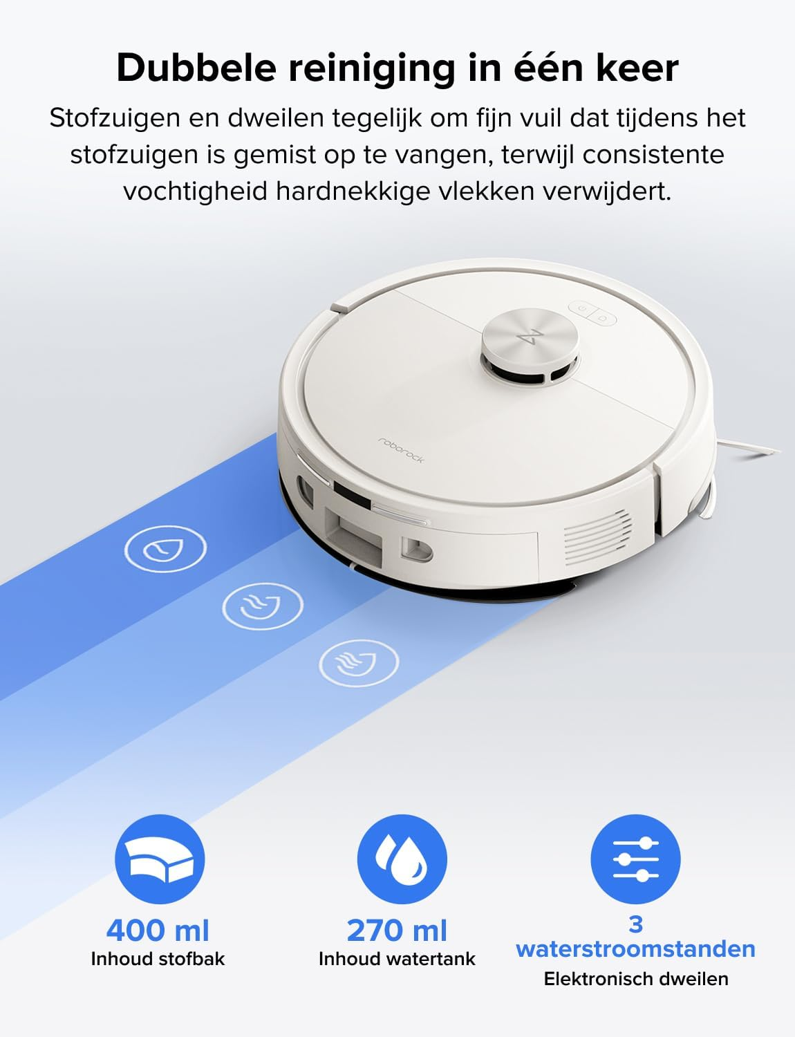 Een witte robotstofzuiger zuigt en dweilt tegelijk. Specificaties: 400ml stofbak, 270ml watertank.