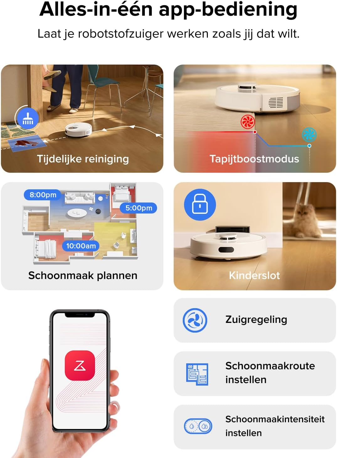 Robotstofzuiger met app-bediening: geplande reiniging, tapijtboost, kinderslot.