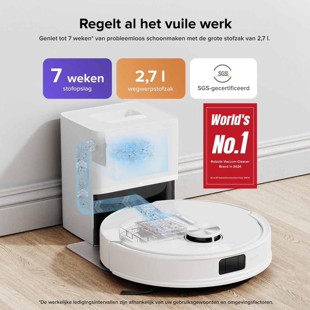 Un aspirateur robot blanc se vide dans une station. 7 semaines de stockage.