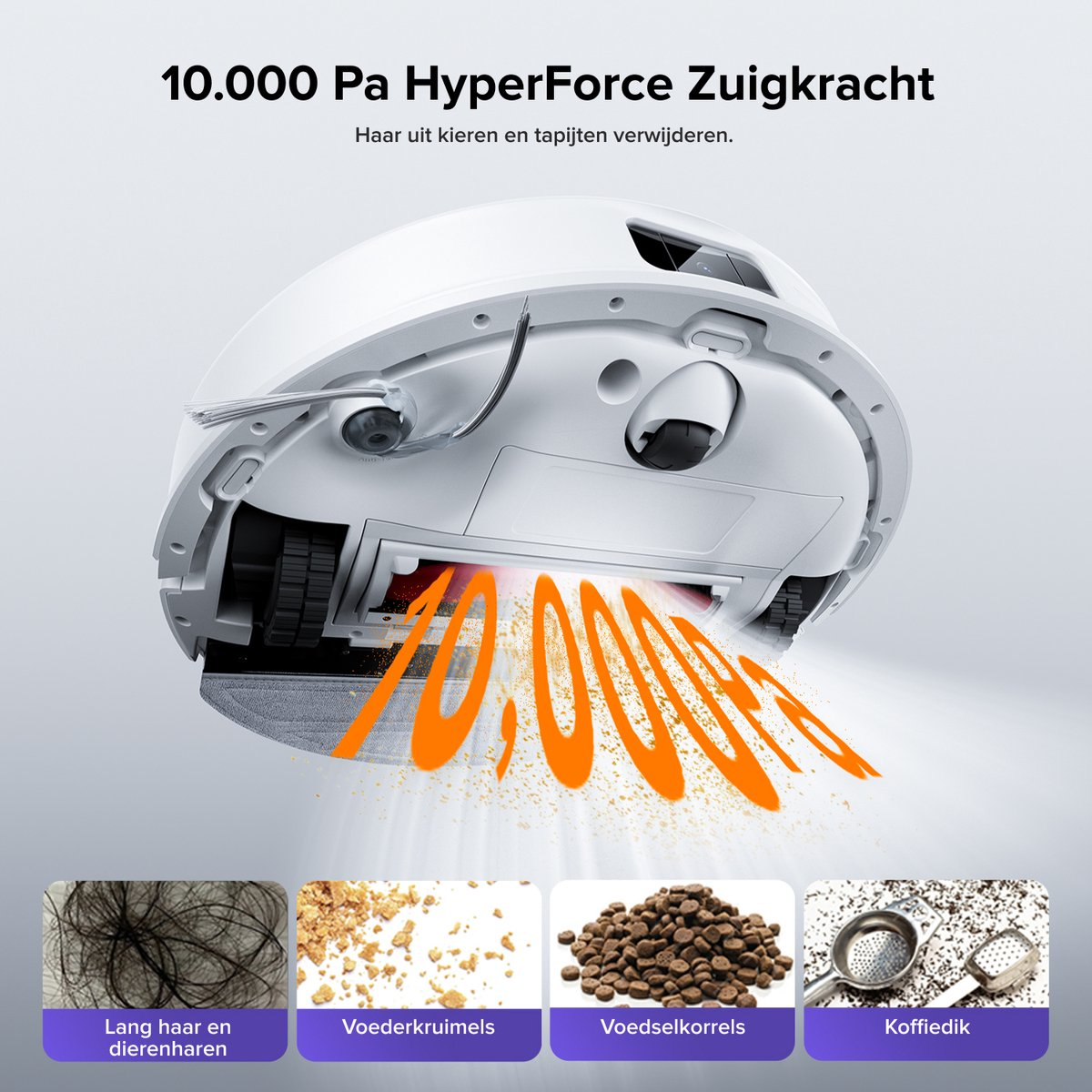 Aspirateur robot avec spirale orange aspirant cheveux, miettes, croquettes et marc de café.