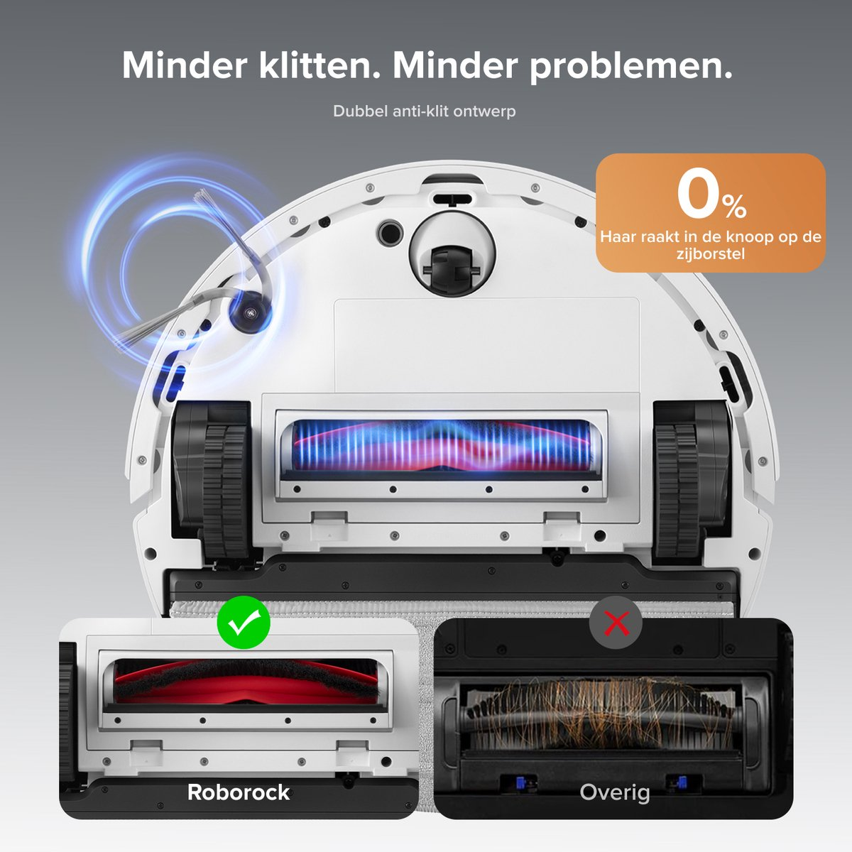 Aspirateur robot avec brosse anti-emmêlement. Montre la comparaison. 0% poils.