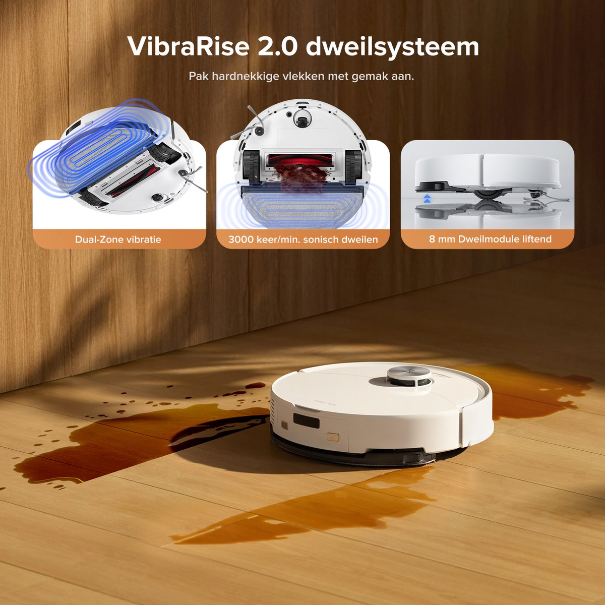 Un aspirateur robot blanc avec fonction serpillière nettoie un parquet avec des déversements.