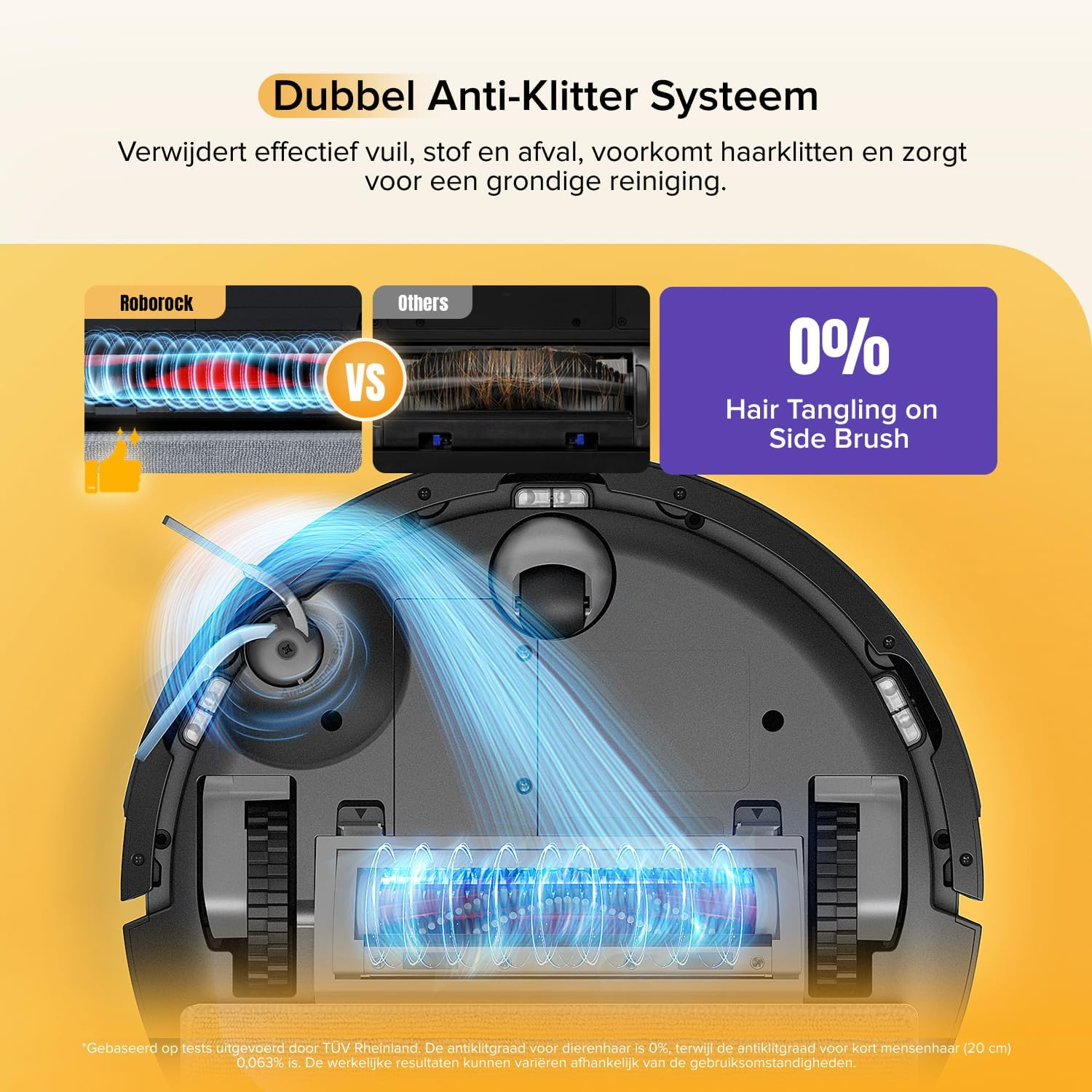Aspirateur Roborock avec 0% d'emmêlement de cheveux sur la brosse latérale.